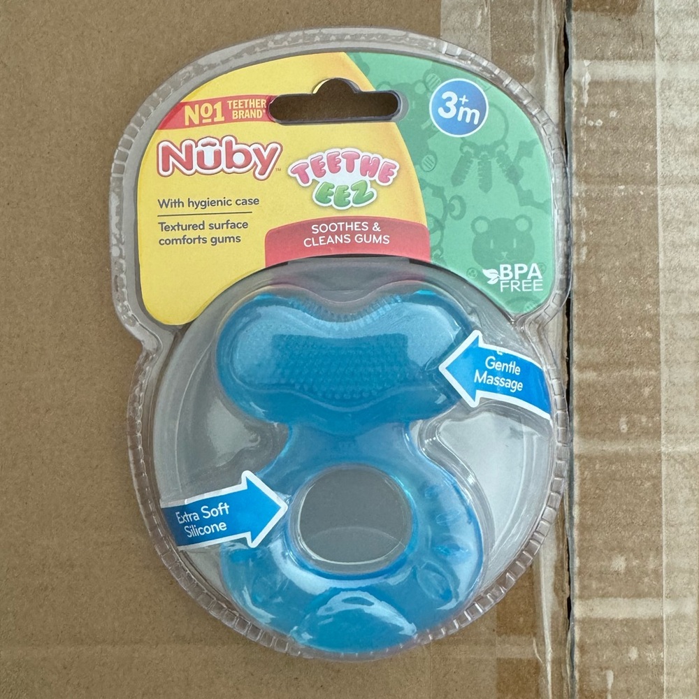 3 Nuby Silicone Teethe-EEZ Teether with Bristles, Includes Hygienic Case, Blue